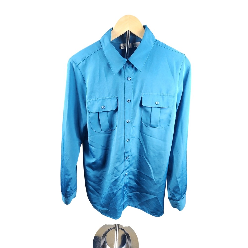 Kim Rogers Teal Blue Roll Tab Long Sleeve Button Down Blouse Medium